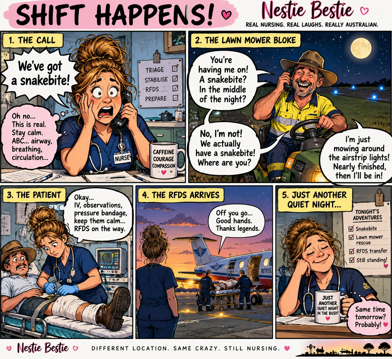 Illustrated cartoon strip inspired by chaotic remote nursing shifts