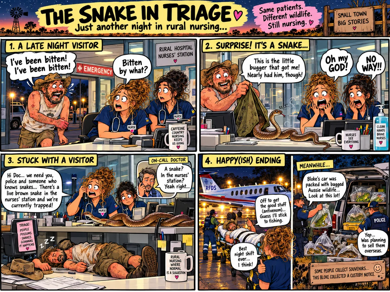 Illustrated Australian nursing cartoon with a snake in the nurses station